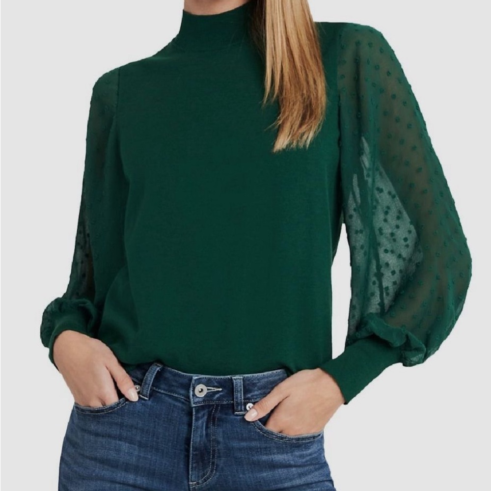 🍁CeCe Green Sweater with Sheer Swiss Dot Sleeves